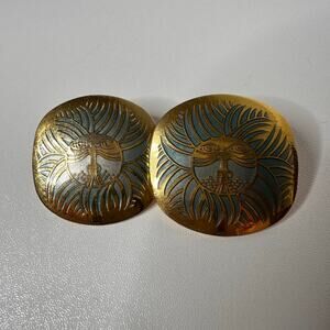 Vintage Laurel Burch Eskimo Lion Earrings 80's Gold Plate Blue Boho Round